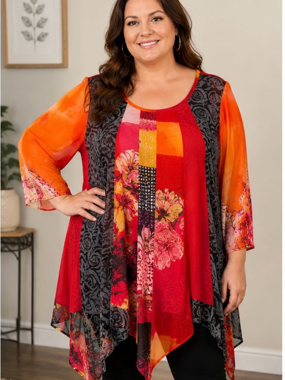 Coralady Colorful Floral Patchwork Tunic Top Sheer Boho Blouse XL